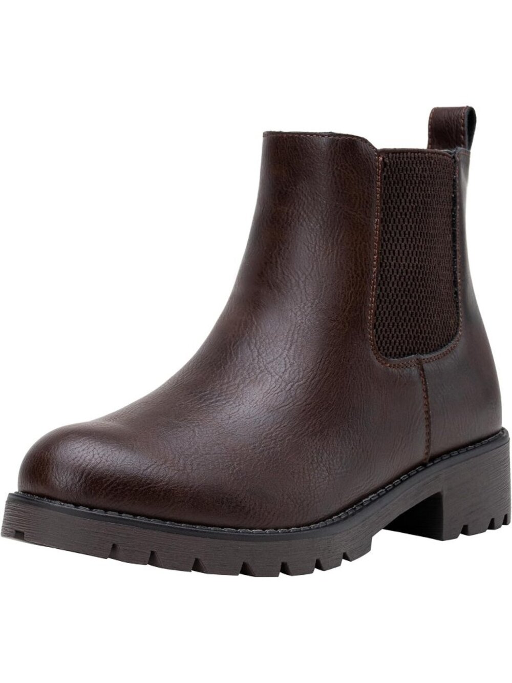 Women's Brown Elastic Side Round Toe Chelsea Ankle Boots Pull-On Low Heel Boots